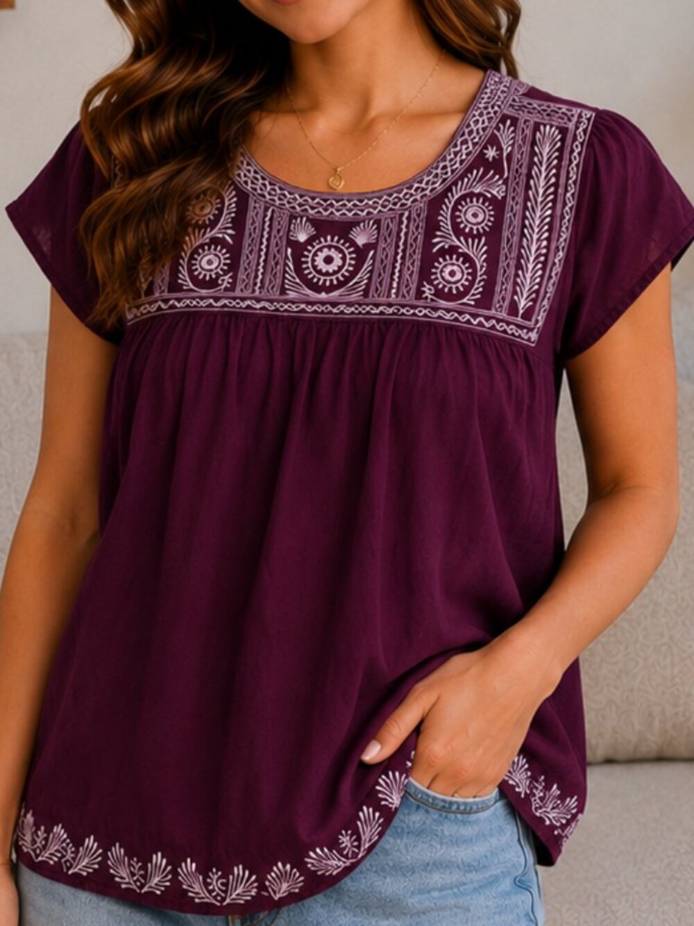 Faded Glory Dark Purple Violet Embroidered Boho Peasant Top Blouse Women L 12/14